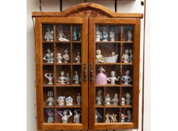 Collectible Wall Curio Solid Wood Display Cabinet Early 1900s Miniatures Included(42 Items) See Description