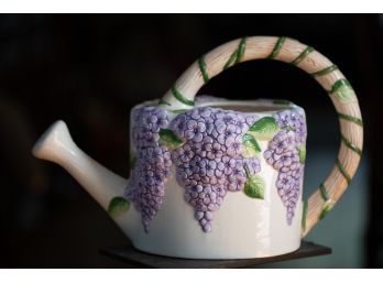 Vintage 1990s Ceramic Watering Can With Purple Wisteria 3D Flowers
