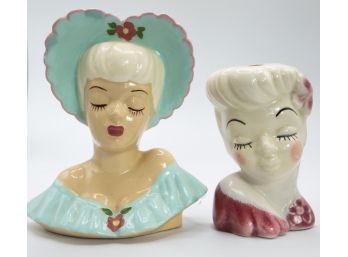 Head Wall Pocket, Vintage, Napcoware Japan, Vintage Glamour Girl Head Vase - Lot Of 2