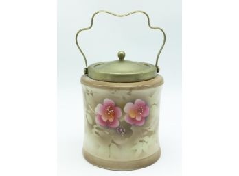 Vintage Made In England EPNS Biscuit Jar - Painted Flowers W/Lid
