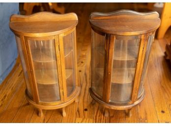 Vintage Miniature Curved Glass Wood Curio Cabinet Table Top/Wall Shelf Display Case  - Lot Of 2