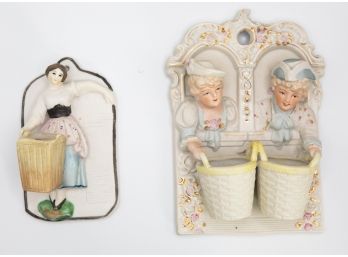 Vintage Match Stick Holder, Wall Mount & Vintage Porcelain Figural Wall Hanging Match Holders Japan RARE