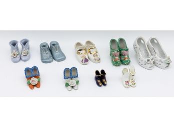 Vintage China Shoe Figurines Collection, Miniature Shoes Limoges, Germany, Lefton Japan, 9 Pairs Of Shoes