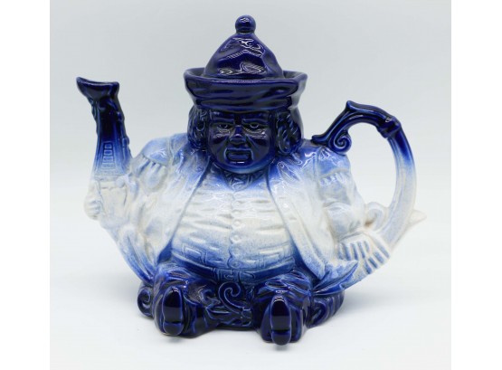 Antique English Victoria Flow Blue Toby Teapot, Staffordsmire Line, Circa 1900