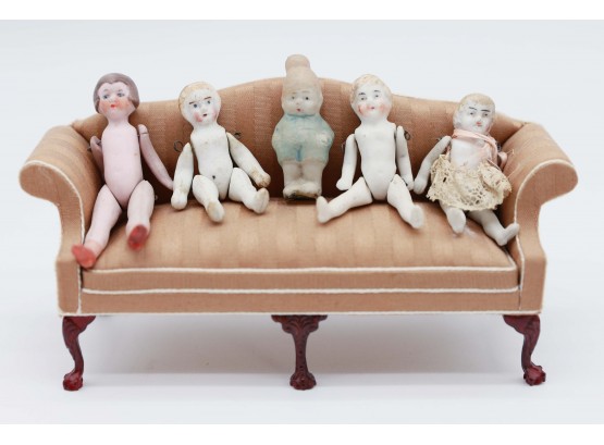 Antique Miniature Bisque Jointed Dolls For Dollhouse Early 1900s - Miniature Doll House Sofa Included