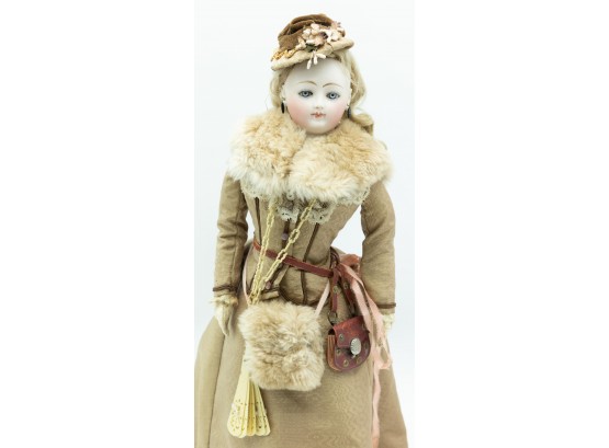 19th Century French Fashion Lady, Swivel Head, Closed Mouth, Antique Fabric,  Authentically Costumed