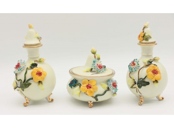 Vintage Porcelain Hand Painted Perfume Bottles Yellow Flowers Gold Details