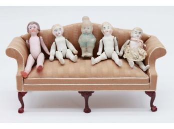 Antique Miniature Bisque Jointed Dolls For Dollhouse Early 1900s - Miniature Doll House Sofa Included