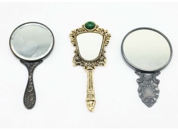Antique Dutch Silver Plate Hand Mirrors (2) & Vintage Ornate Victorian Gold Tone Miniature Handheld Mirror
