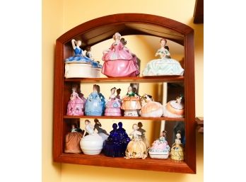 15 Antique Victorian Porcelain Half Doll Powder Trinket Jars & Half Doll Perfume Bottles Display Shelf Include