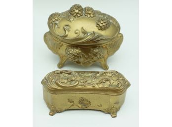 Gold Jewelry Casket, Antique Gold Metal Jewelry Box, Art Nouveau Trinket Box, Ormolu Jewelry Box - Pair