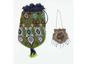 Antique Microbeaded Reticule Drawstring Purse & Vintage, Evening Bag, Small, Beaded, Elegant, Formal Purse