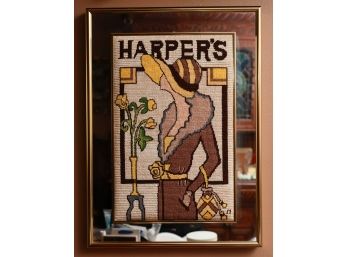 Vintage HARPER'S Bazaar Magazine Needlepoint Picture Framed Lady Retro Art Decor