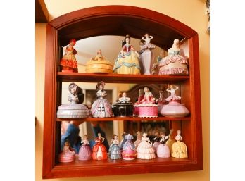 18 Antique Victorian Porcelain Half Doll Powder Trinket Jars & Half Doll Perfume Bottles Display Shelf Include