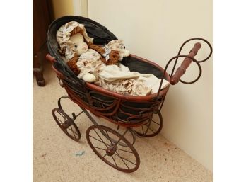 Antique Baby Doll Stroller W/ Large Soft Cloth Body Handmade Vintage Doll Included