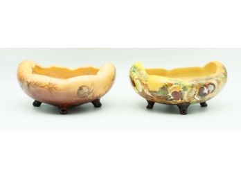 Antique Hand Painted Floral Porcelain Nippon Yellow And Orange Oval Footed Bowl -  Lot Of 2