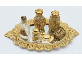 Antique Vanity Mirror Trays W/ Miniature Tissue Box & Perfume Bottles