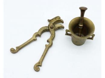 Antique Federal Eagle Nutcracker In Brass & Antique Solid Brass Mortar & Pestle, Old Original Patina