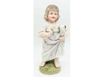 Antique Heubach Happy Child WPuppy Dog Doll Porcelain Victorian Figurine Germany