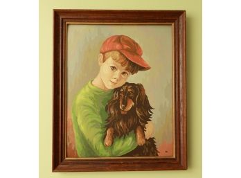 Vintage Paint By Number Boy And His Dog Painting Large Framed Portrait, Oil On Board