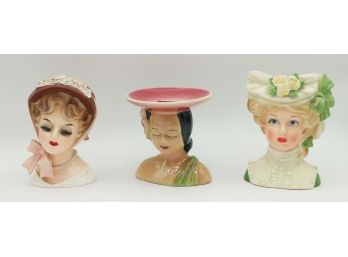Vintage Lady Head Vases/ Hat Pin Holders - 3 Total - See Description