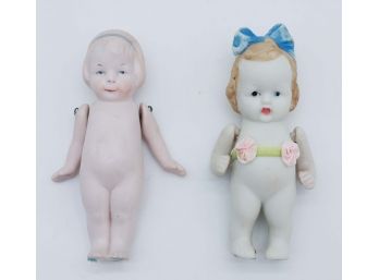 Antique Bisque Hertwig Baby Doll W/ Blonde Hair & Blue Bow Made In Germany Jointed Arms Frozen Charlotte Leg