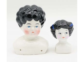 Antique China Doll Head Black Hair Glazed Porcelain - Lot Of 2