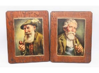 An Old Pipe Smoker - Original Signed Vintage Oil On Wood Portrait Paintings - Lot Of 2