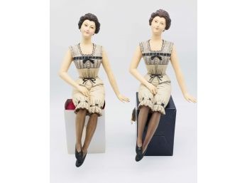 Pair Of Ceramic Flapper Figurines, Sits On Shelf, Made In The Philippines