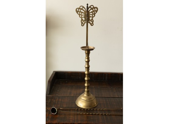 Brass Candlestick Holder W/butterfly, 2 Candle Snuffers