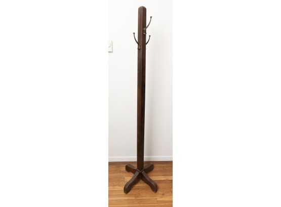 Hat & Coat Stand, Dark Wood W/ Brass Hooks