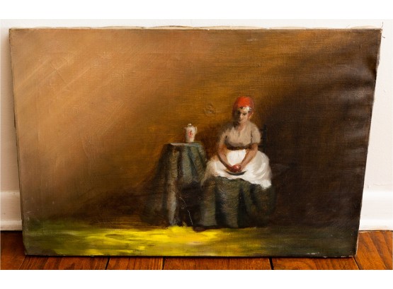 Vintage Oil On Canvas Of Woman Sitting On Chair