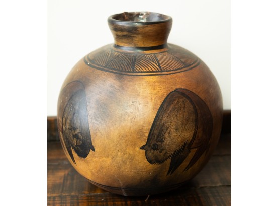 Wooden Vase, Am. Indian Design, Signed, Cracked Photographed