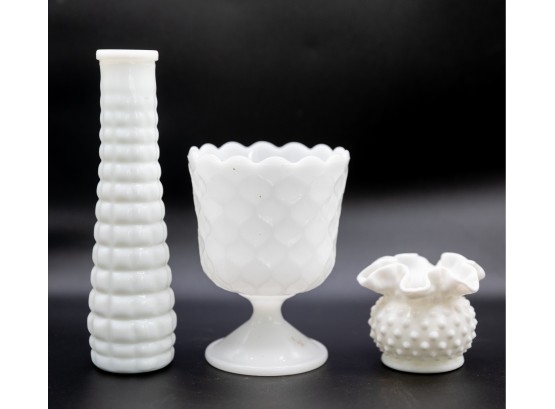 Lot Of Assorted Milk Glass - Vase, Candy Dish Candle Holder
