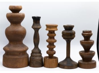 Lot Of 5 Wood Candle Stick Holders, American