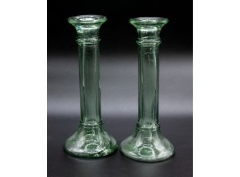 Glass Candlestick Holders, Green
