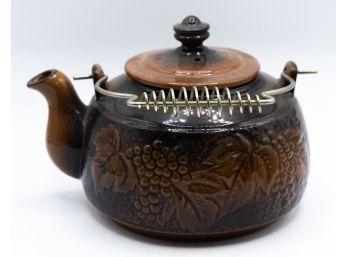 Ceramic Tea Pot, Metal Handle, Brown, Grape Relief