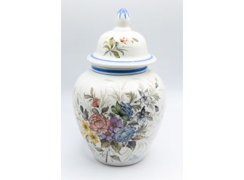 Ceramic, Ginger Jar W Lid, White W Floral Design, Bassano, Italy