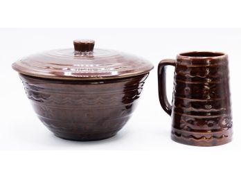 Ceramic, Dark Brown Glaze, Mug And Casserole Bowl W Lid