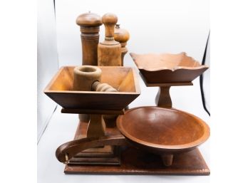 Vintage Lot Of Wooden Salt & Pepper Shakers, Fying Pan, Pedestal Bowls Large Ceramic Decorative Tile