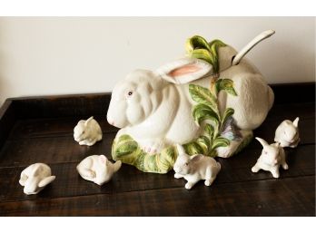 Ceramic Soup Toureen, Rabbit , Lid And Ladle.  Slip Clay. 6 Bunnies
