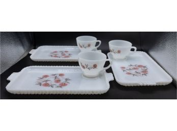 Glass Tray W Cup.  White Glass, Floral Deco