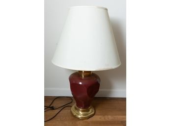 Lamp W Shade,maroon  Ceramic And Brass Base