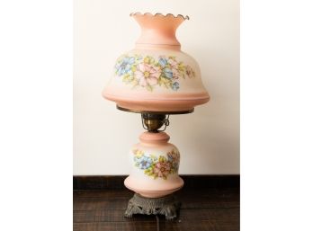 Hurricane Lamp, Glass Pink W/ Floral Design