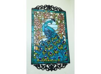 Peacock's Paradise Stained Glass Window W/ Cast Iron Accents