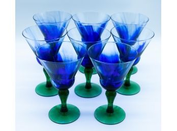 Lot Of 8 Vintage Bormioli Rocco Twisted Stem Goblets - Green Optic Glass Chalice Airbrushed Art Glass