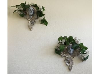 A Pair Of Plastic Angel Wall Planters - Wall Decor - Faux Plants Included