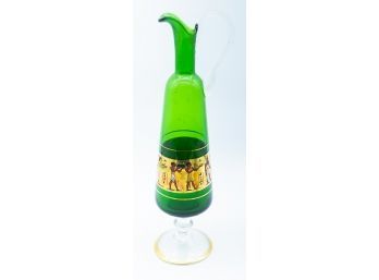 Green Slender Glass Pitcher - Egyptian Theme