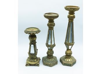 Stratford Home - Lot Of 3 Decorative Candle Stick Holders - Mirror Inlay