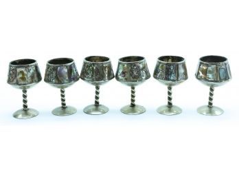 Lot Of 6 Vintage Alpaca Silver With Abalone Shell Inlay - Miniature Goblet